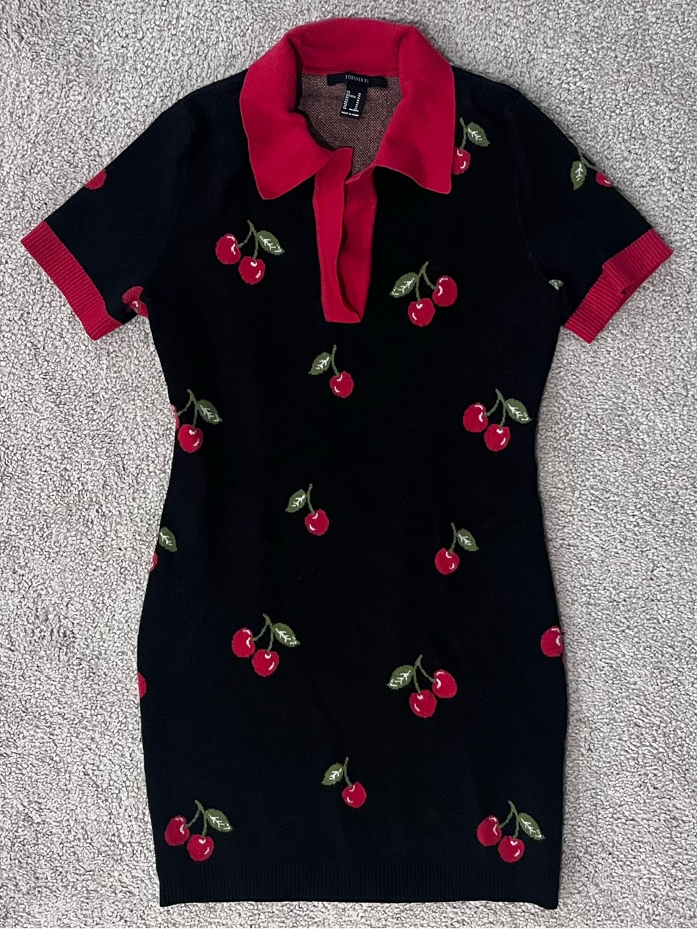 Stretchy Knit Cherry Print Mini Sweater Dress Retro Ringer Sleeve Preppy Sexy